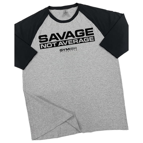GYMISH RAGLAN Savage Not Average Workout Gym T-Shirt for Men – Funny Gym Shirt, Bodybuilding Fitness Tee, Heather Grey, Small