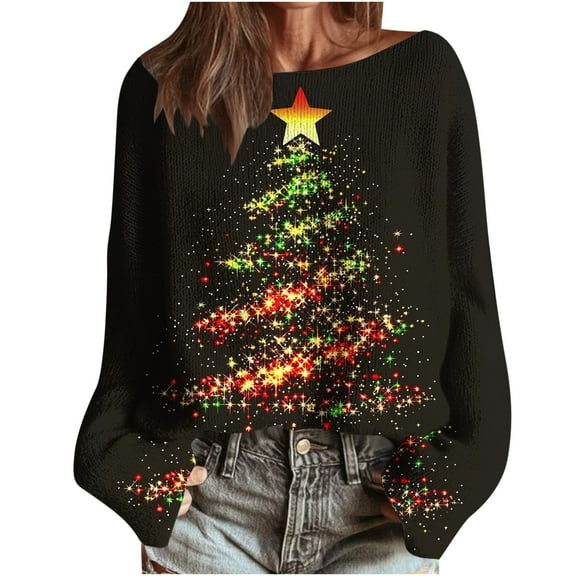 yardsong Long Sleeve Xmas Trees Pullover for Women - Boat Neck Imitation Ugly Christmas Sweater Graphic Holiday Tops Multicolor,XXL