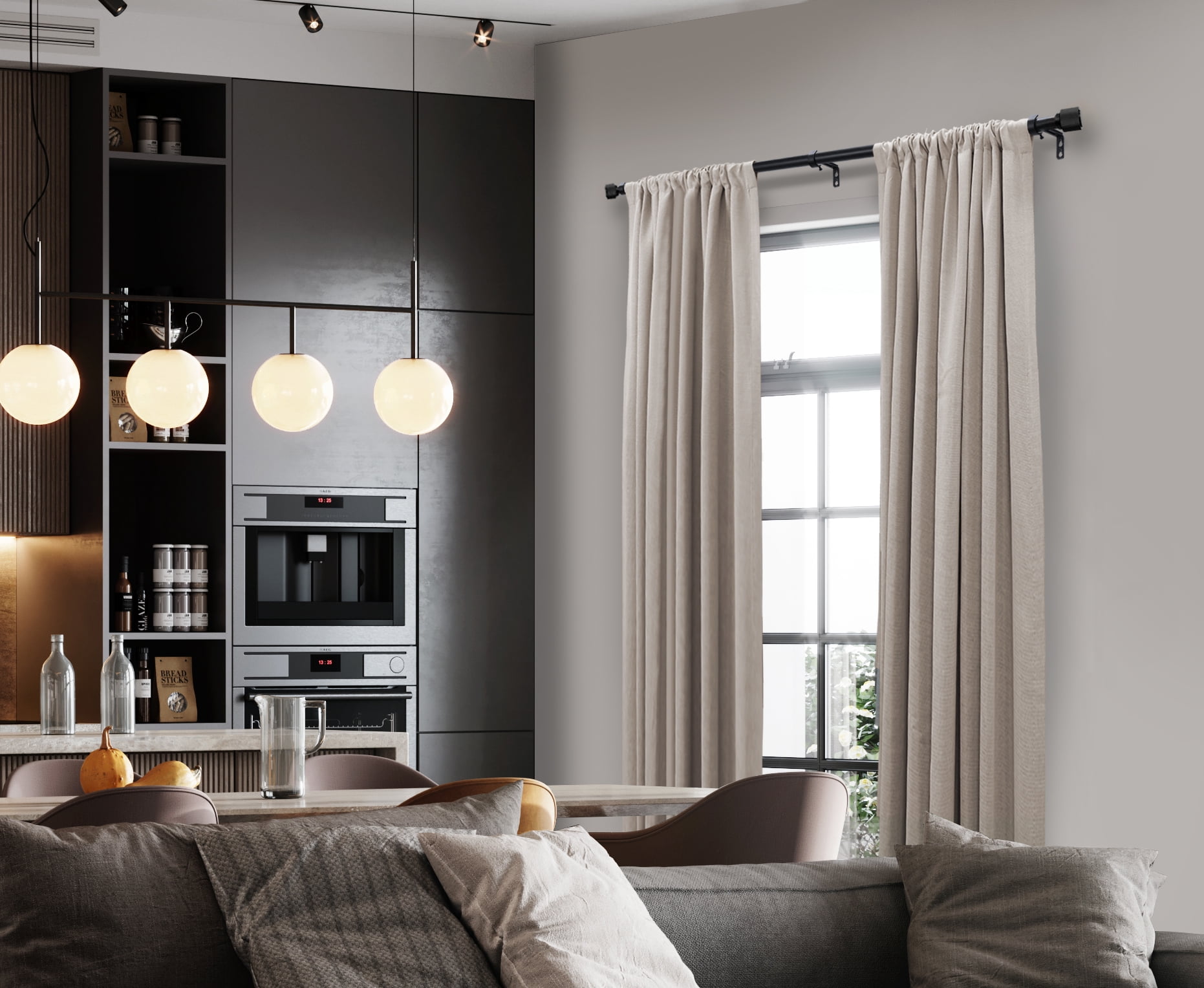 Better Homes & Gardens Modern 1 in Black End Cap Adjustable Single Curtain Rods, 120 in