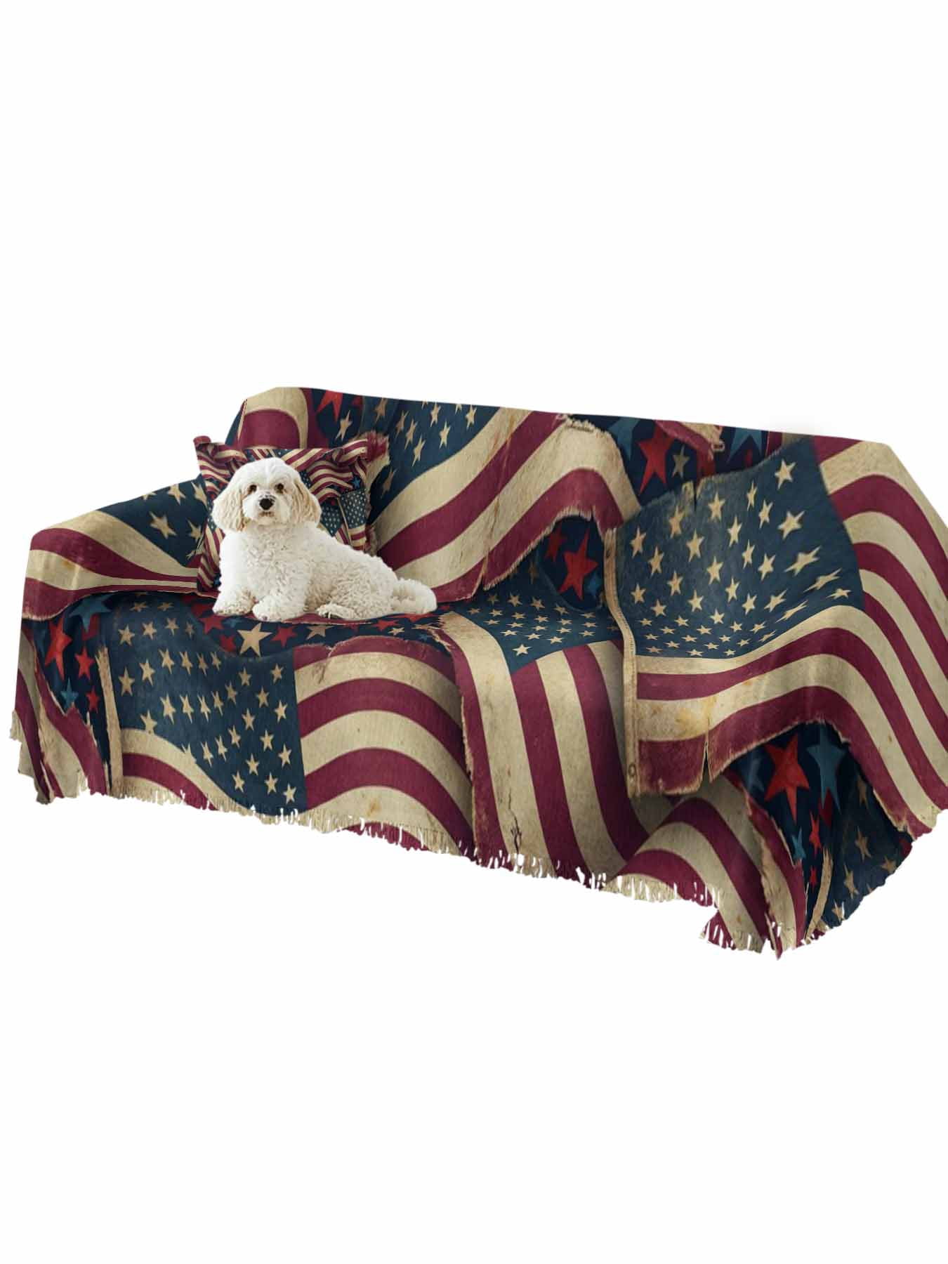 Independence Day Couch Cover, Red Blue USA Flag Retro Patriotic Stars Stripes Sofa Cover Blanket for 3 Cushion Couch, Sectional Sofa Slipcover Furniture Protector for Living Room Bedroom 71''x134''