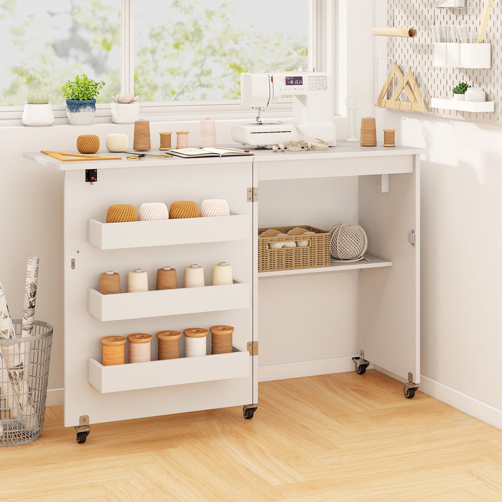 Topbuy Sewing Machine Table with Charging Station Folding Sewing Cabinet w/Lockable Casters White