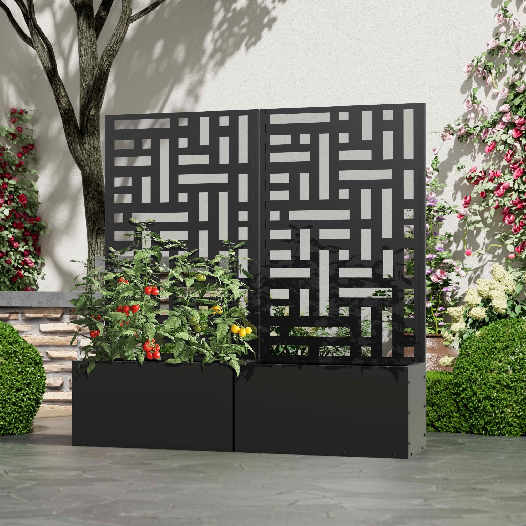 MAYEERTY 47x24x12 Inch Black Metal Planter Box with Trellis for Outdoor Garden & Patio