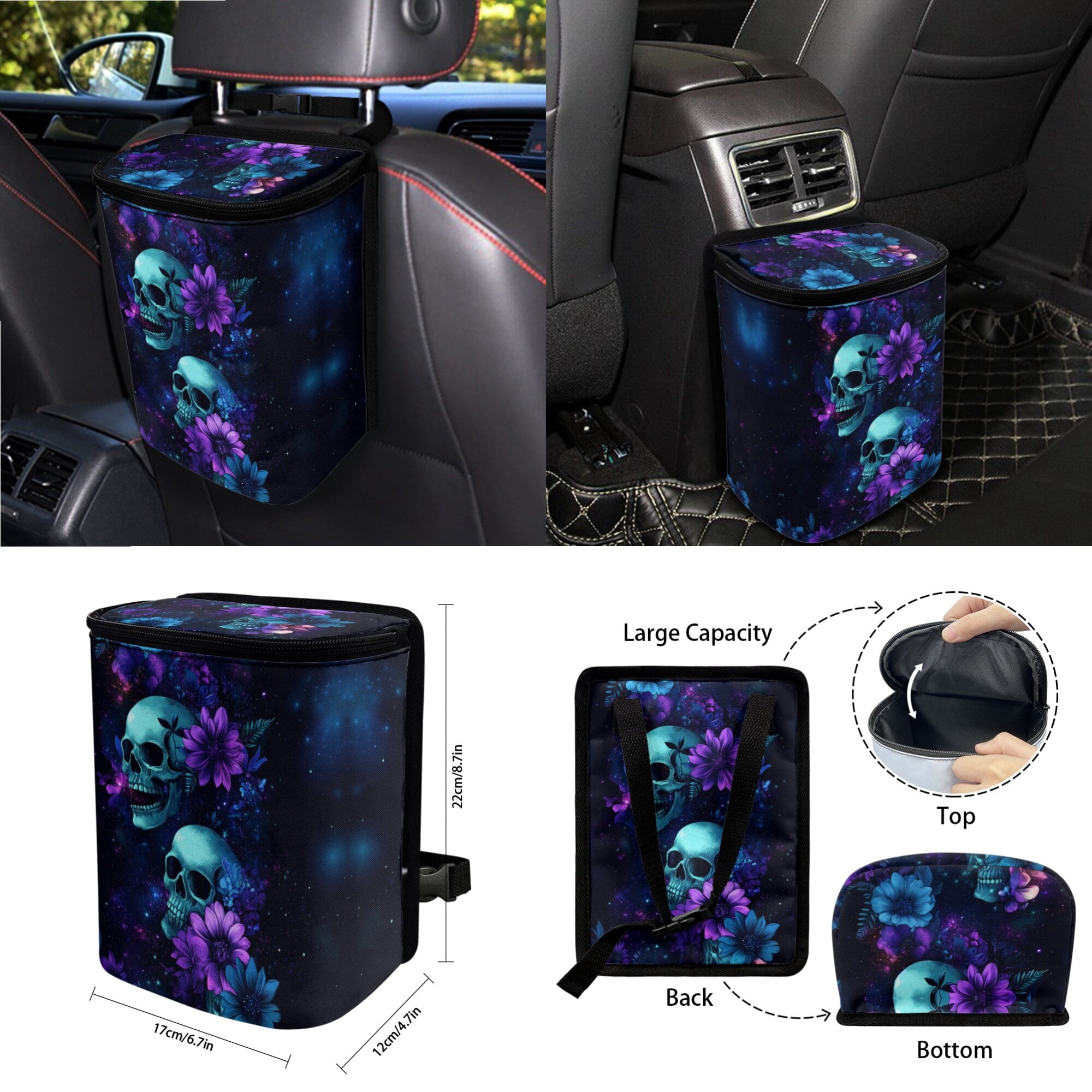 LedBack Skull Flower Print Car Seat Cover Sets Full Set Universal Car Front Back Seat Cover Safety Belt Pads Rear View Mirror Protector Trash Can Cup Cushions for Truck SUV Sedan