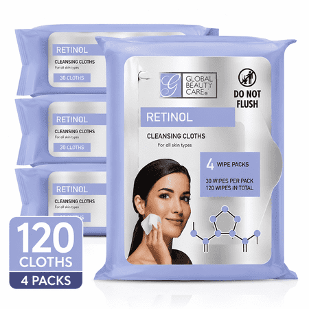 Global Beauty Care Retinol Cleansing Cloths For All Skin Types Facial Wipes, 30 Wipes Per Pack, 4 Pack, 120 Total Wipes