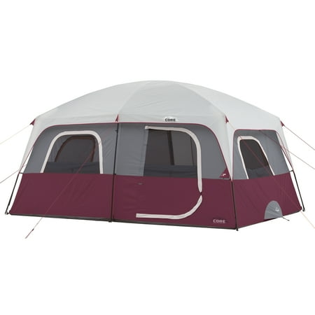 CORE Straight Wall 14 x 10 Foot 10 Person Cabin Tent with 2 Rooms & Rainfly, Red