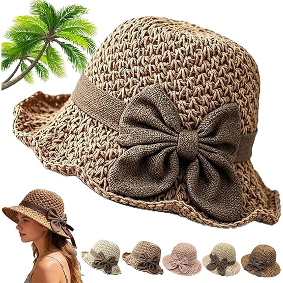 Versatile Retro Woven Handmade Straw Hat with Ruffled Bow, Elegant Crochet Straw, Foldable Breathable