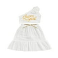 thumbnail image 2 of PENGXIANG Kid Girl Outfits Set One Shoulder Bowknot Crop Tops Letter Printed+Ruffle Skirts inside with Shorts, 2 of 10