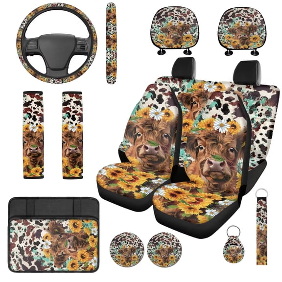 Uorisanigo Highland Cow Sunflower Car Seat Covers Full Set 14 Pcs Auto Steering Wheel Cover and Cars Headrest Cover and Console Cover and Cars Seat Belt Cover Keychain Soft Fit for Car SUV