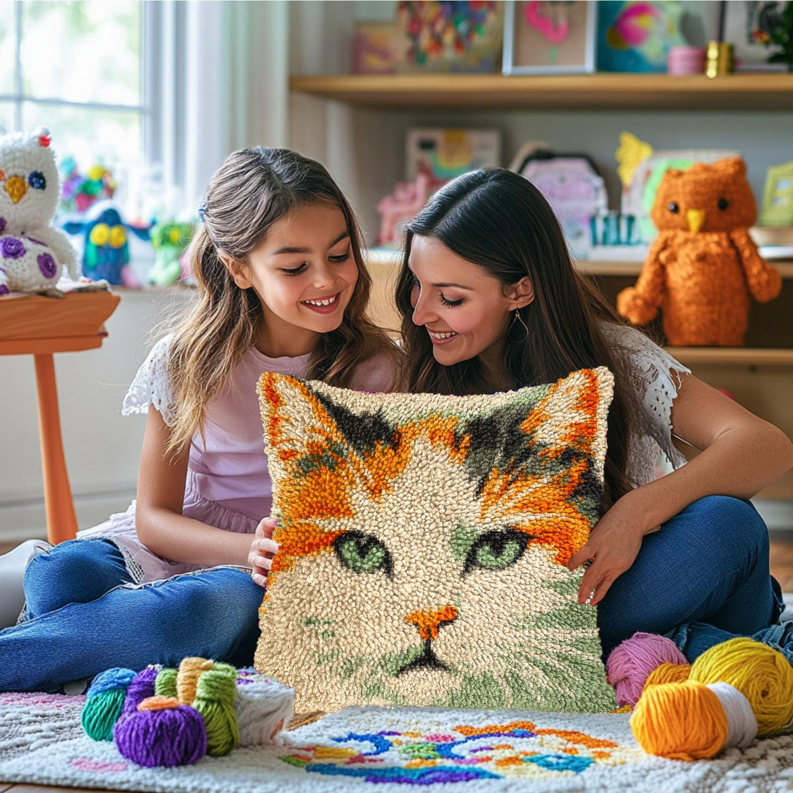 DIY Latch Hook Pillow Kits Cat Face Printed Pillowcase Crochet Yarns Hooking Handmade Pillow Cover Cushion for Home Sofa Decoration 17x17inch-1