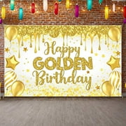 Yuan Ou Happy Golden Birthday Backdrop Large Gold Shiny Glitter Balloons Golden Birthday Banner Party Decorations Photo Booth Props
