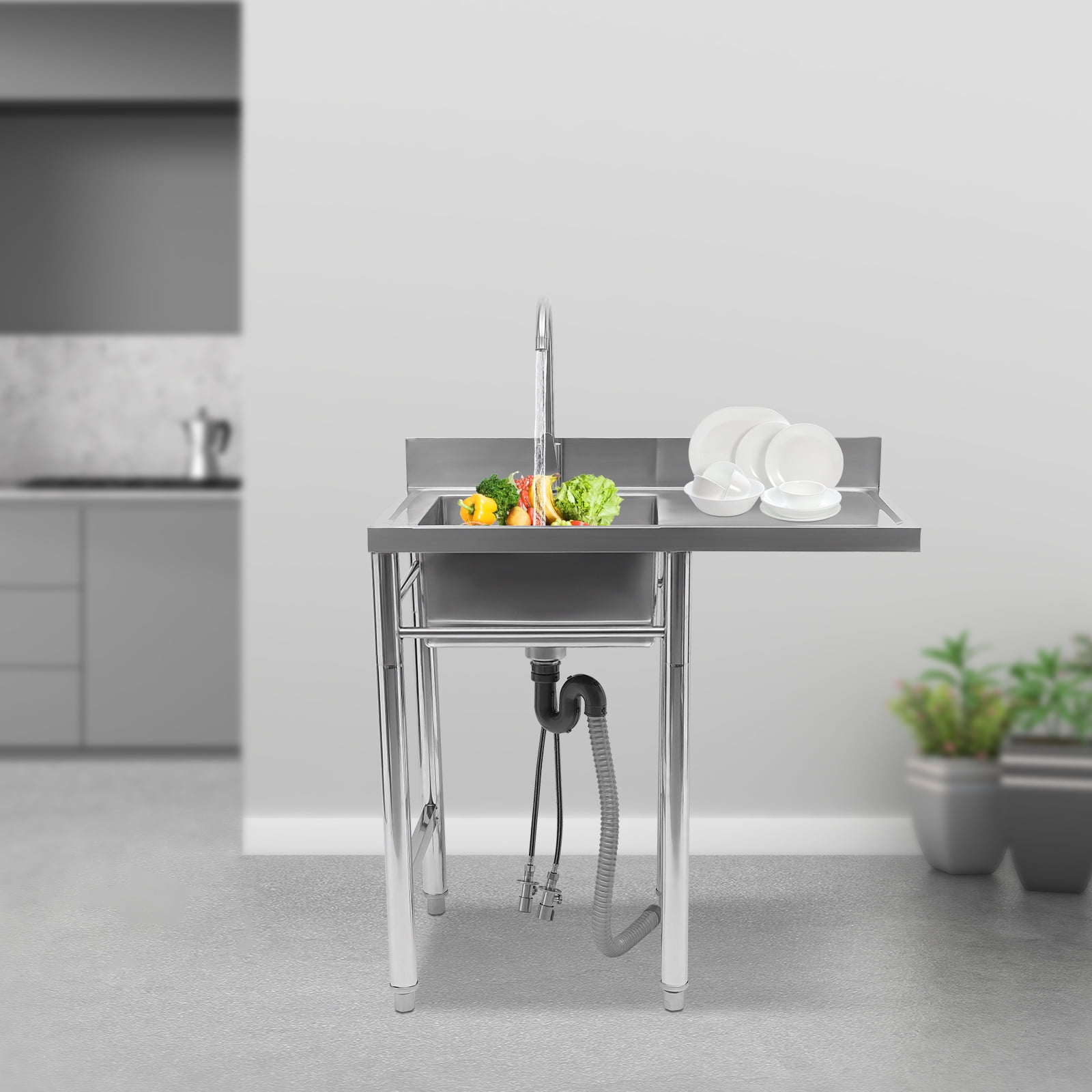 Stainless Steel Utility Sink with Drainboard, One Compartment Workbench Sink Commercial Sink for Restaurant, Laundry Room, Backyard, Garages - Overall Size: 35.4" W x 21.2" D x 39.3" H