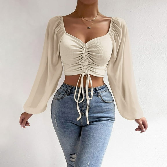 SHITINN Women Casual Solid Color Blouse Drawstring Balloon Sleeve Skinny Cropped Long Sleeve Top Womens Short Sleeve Tops Casual Womens Tops Summer Outfits for Women
