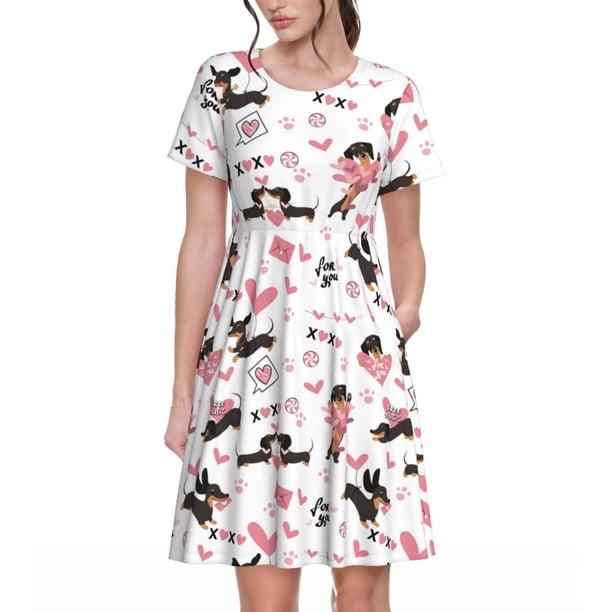 Disketp Dachshund Dog Puppy para Vestido de Manga Corta para Mujeres, Vestidos de Verano para Mujeres, Casual y Holgado para la Playa