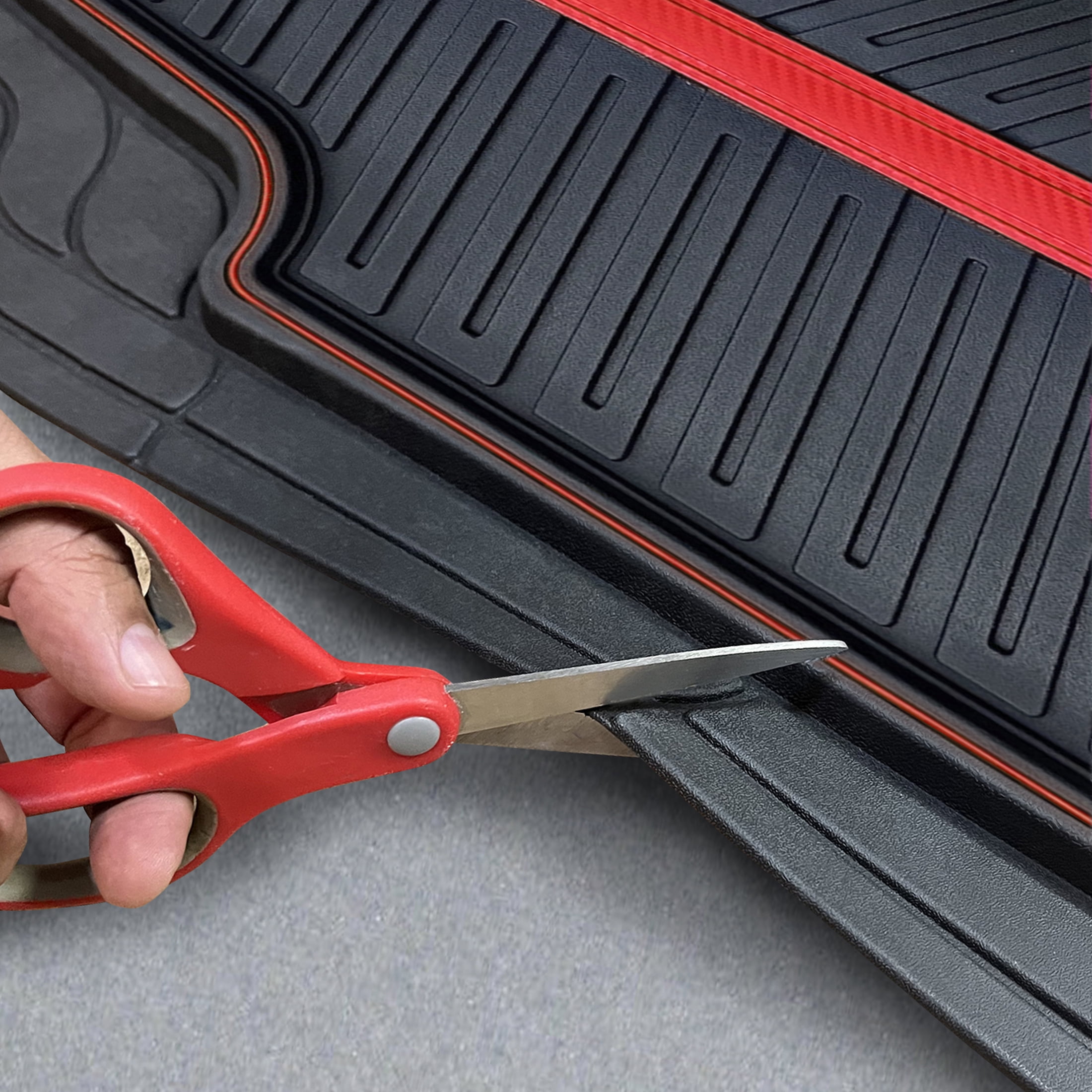 Rally 4-Piece Black with Red Carbon Fiber Stripe & Piping All-Weather Rubber Floor Mat Set – Heavy Duty Universal Trim-to-Fit Car, SUV & Truck Mats
