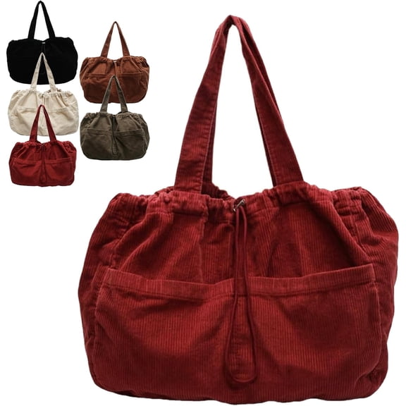 Corduroy Tote Bag Large Capacity Drawstring Shoulder Handbag | Multi-Pocket Design, Commute Handbag, Casual Style, Women's Purse, Shoulder Bag