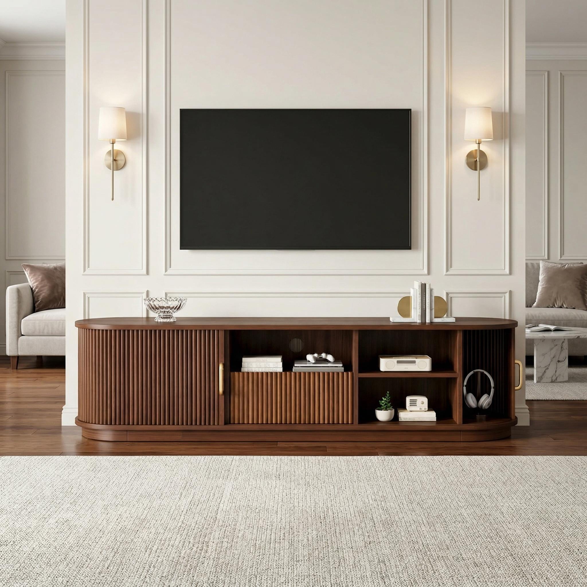 Homy Casa TV Stand for TVs up to 75", Fluted Sliding Door Entertainment Center with Adjustable Shelves