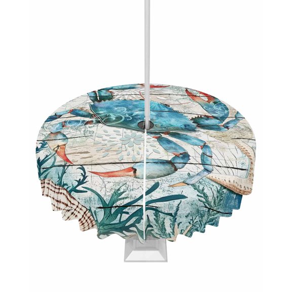 Hokiten Outdoor Tablecloths with Umbrella Hole & Zipper, Teal Crab Coastal Round Tablecloth 54 Inch, Summer Beach Nautical Starfish Retro Waterproof Table Cloth, Patio/Pool/Picnic Table Covers