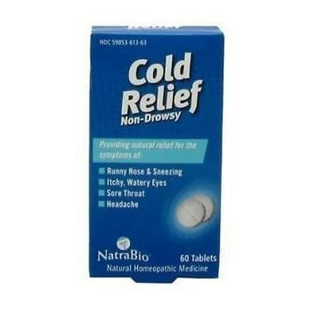 NatraBio Cold and Flu Relief Non-Drowsy 60 Tablets Providing natural relief for the symptoms of Congestion & CoughSneezing & Runny NoseSore ThroatHead & Body AcheFever & ChillsLabel InfoNatraBio is proud to bring you the next era in symptom relief.Scientifically developed to deliver fast  effective relief in a quick and convenient liquid  NatraBio products are strong enough for the toughest symptoms yet gentle enough for children.IngredientsActive Ingredient Aconitum napellus 4X Allium cepa 4X  Gelsemium sempervirens 6X  Justicia adhatoda 6X  Kali Bichromicum 6X  Pulsatilla nigricans 6X  Sanguinaria canadensis 6X  Sticta pulmonaria 6X Inactive Ingredients cellulose  croscarmellose sodium  dextrose  lactose  magnesium stearate Warnings