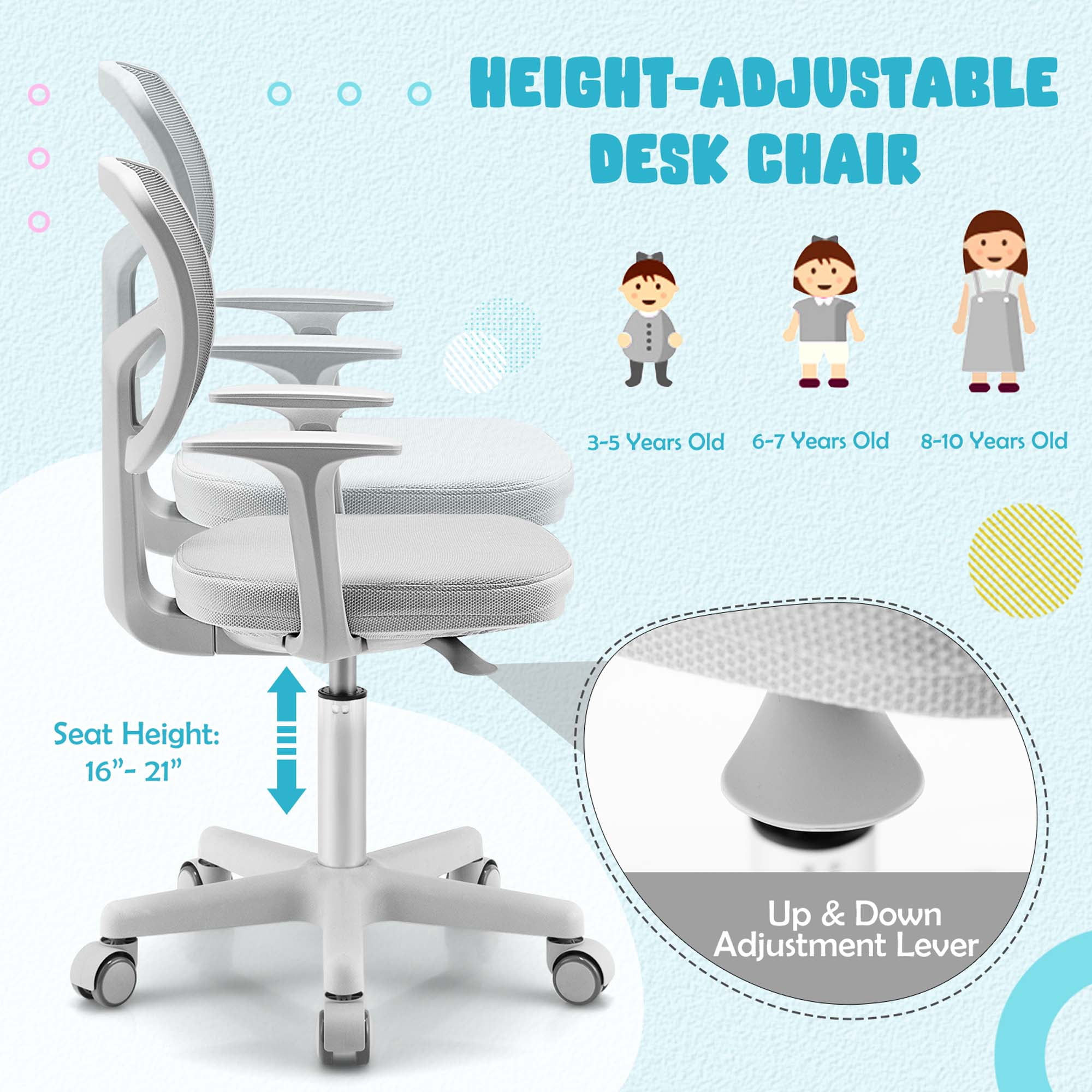 Costway Kids Desk Chair Study Computer Chair with Adjustable Height, Lumbar Support Grey