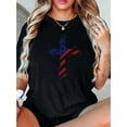 thumbnail image 1 of 1 Pce T-Shirt Décontracté à Col Rond et Manches Courtes pour Femmes avec Design Croix Drapeau Américain, Motif Géométrique à la Mode, Tissu Polyester Tricoté, Confortable pour Toutes les Saisons, Fête des Pères, Fête des Mères, Nouveau, 1 of 8