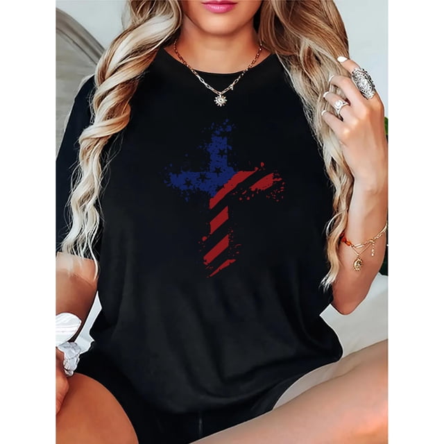 1 Pce T-Shirt Décontracté à Col Rond et Manches Courtes pour Femmes avec Design Croix Drapeau Américain, Motif Géométrique à la Mode, Tissu Polyester Tricoté, Confortable pour Toutes les Saisons, Fête des Pères, Fête des Mères, Nouveau
