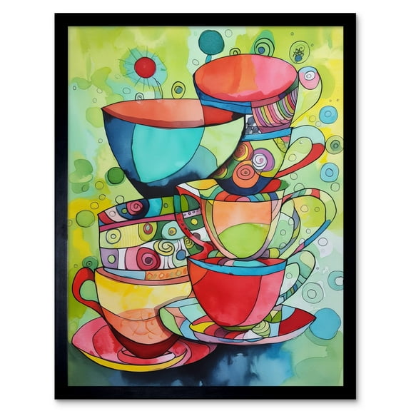 Abstract Tea Cups Folk Art Kitchen Art Print Framed Poster Wall Decor 12x16 inch