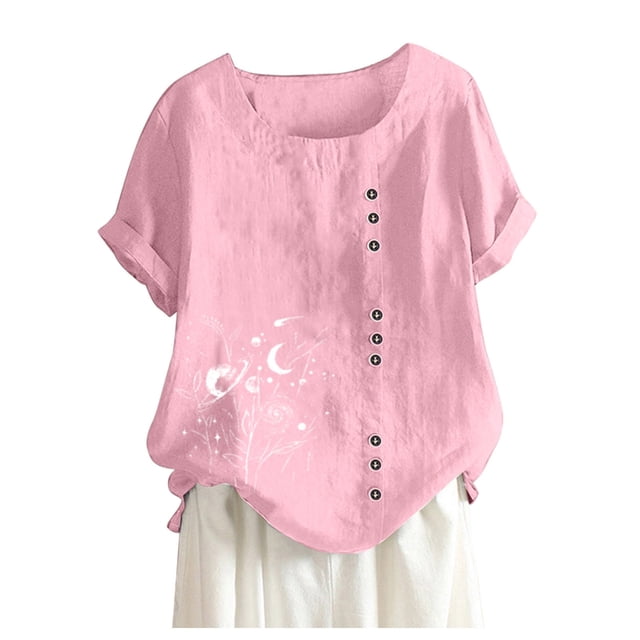 Pompotops Womens Casual Loose Button Linen Plus Size Daily Boho Tanic T-Shirt Blouse Tops