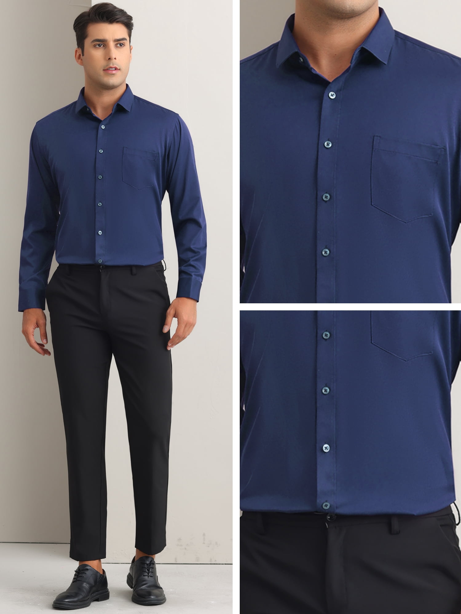 Unique Bargains Men's Long Sleeve Regular Fit Business Button Down Shirt L Dark Blue