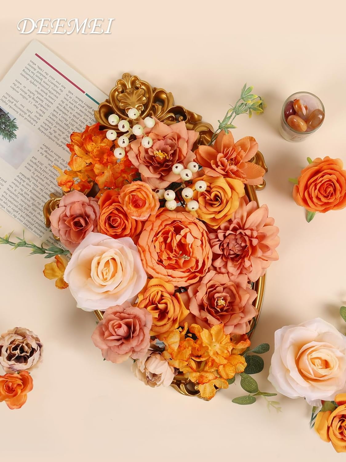 Artificial Flowers Combo Box Set Rose Silk Mix Peony Fake Flowers with Stems for DIY Bridal Wedding Bouquets Centerpieces Baby Shower Party Home Decorations Cream White