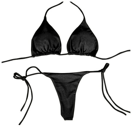 Mlqidk Women Sexy Halterneck Tiny Mini Micro Bra Charming Bikini G String Bottom Beachwear 2 Pieces Black L