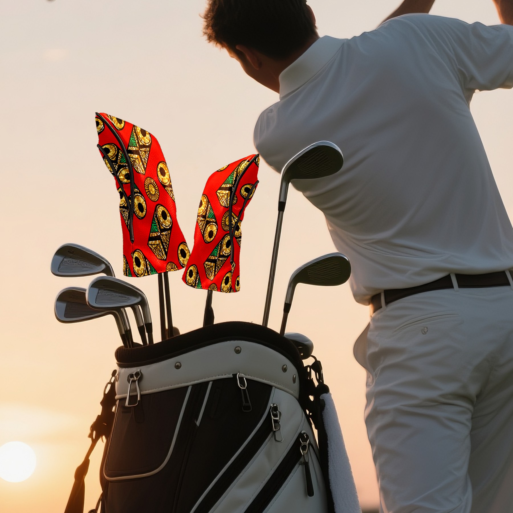 Golf Club Covers, Red GeometricOrnament Premium PU Leather Driver Hybrid Putter Head Covers with Velvet Lining, Waterproof Golf Gifts for Men Women
