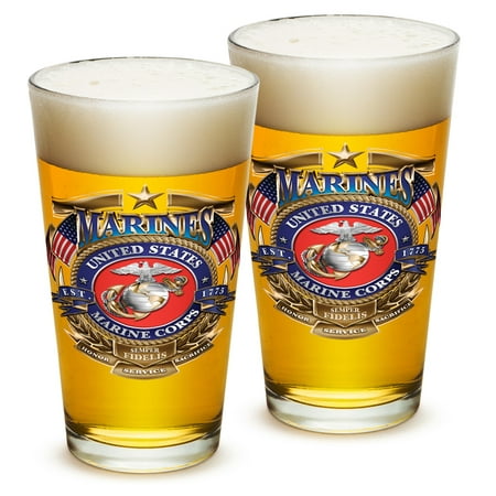 Pint Glasses – US Marine Corps Gifts for Men or Women – USMC Badge of Honor Beer Glassware – Beer Glasses with Logo - Set of 2 (16