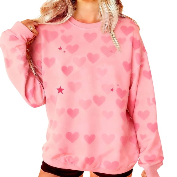 Women's Valentines Sweatshirt Long Sleeve Heart Oversized Shirts Crewneck Cute Ribbed Pullover Sweater Tops, M Pink