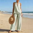 thumbnail image 5 of Karymi Womens T Shirts 2 Piece Gingham Linen Blend Outfit Set, V Neck Sleeveless Loose Pullover Tank Top+Elastic High Waist Wide Leg Pants with Pockets Blouses for Women Dressy Casual, 5 of 7
