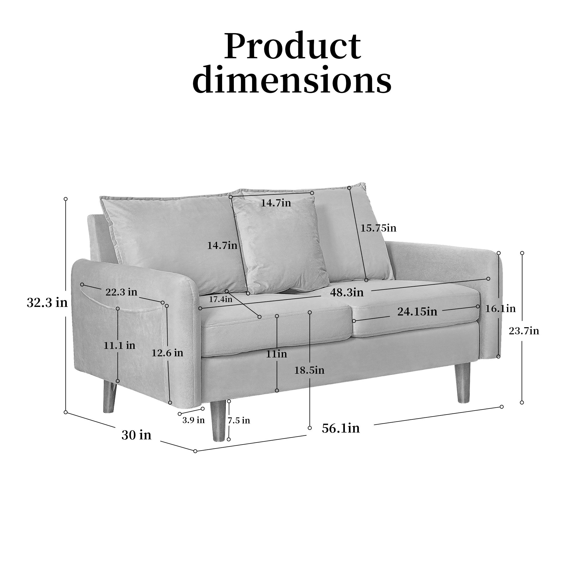 56.1" Modern Mid-Century Loveseat, Velvet Upholstery,Compact Sofa with Wooden Legs