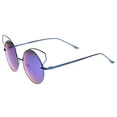 thumbnail image 3 of sunglassLA Unisex Women's Wire Open Metal Frame Color Mirror Lens Round Cat Eye Sunglasses (Blue / Blue Mirror) - 52mm, 3 of 4