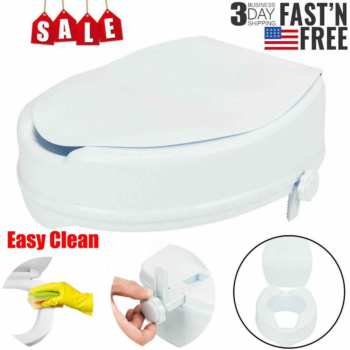 AMSUPER 4" Medical Elevated Raised Toilet Seat Lift Riser Elongated Safety Padded+Cover