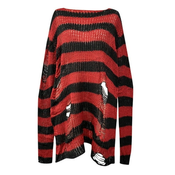 Wangmeiwg Loose Oversized Striped Sweater For Women Mid Length Pullover With Holes Lightweight Knitwear Long Sleeve Pullover for Women
