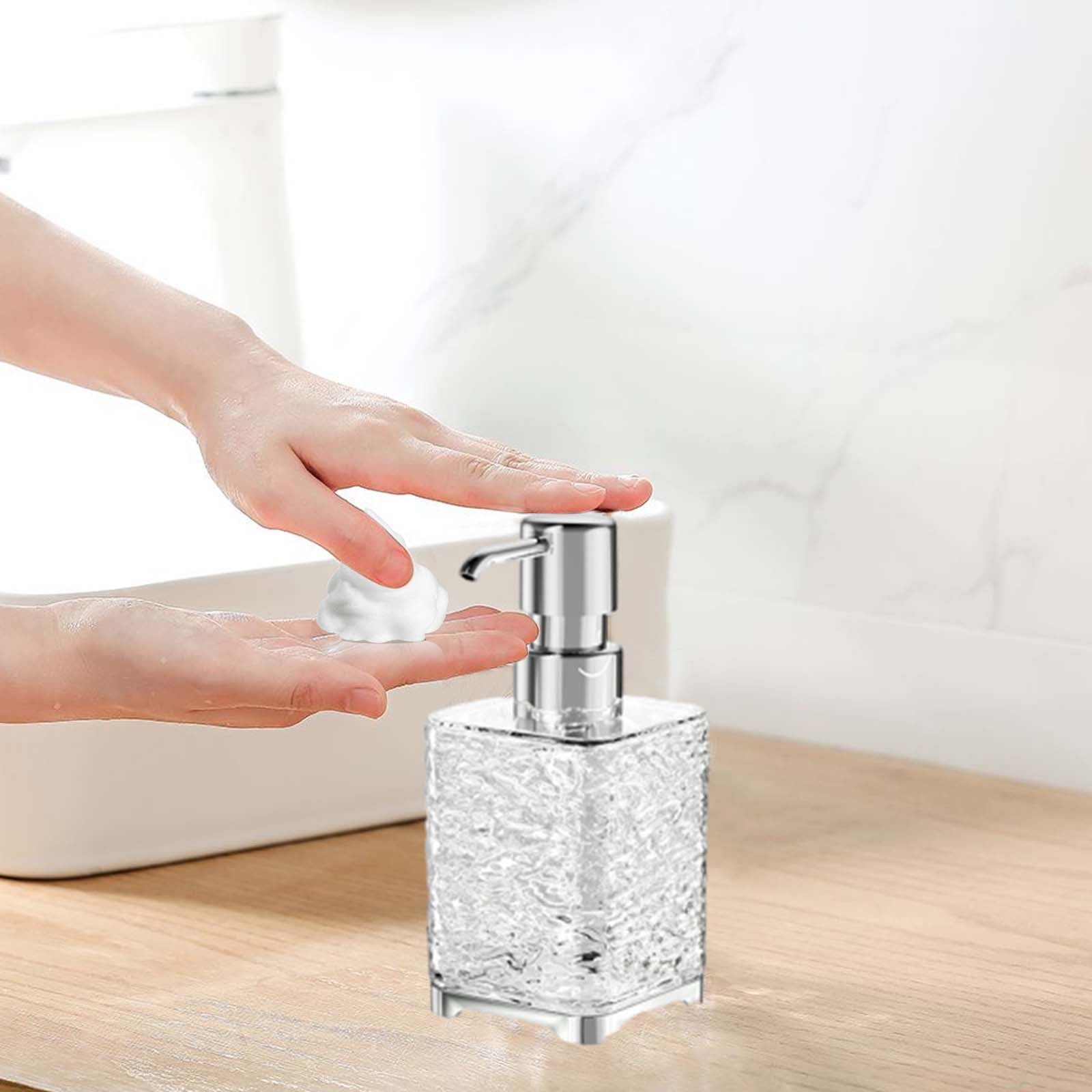 Glass Foaming Soap Dispenser with Silver Pump, Vintage-Inspired Modern Glass Refillable Bottle for Bathroom Vanity Countertop and Kitchen