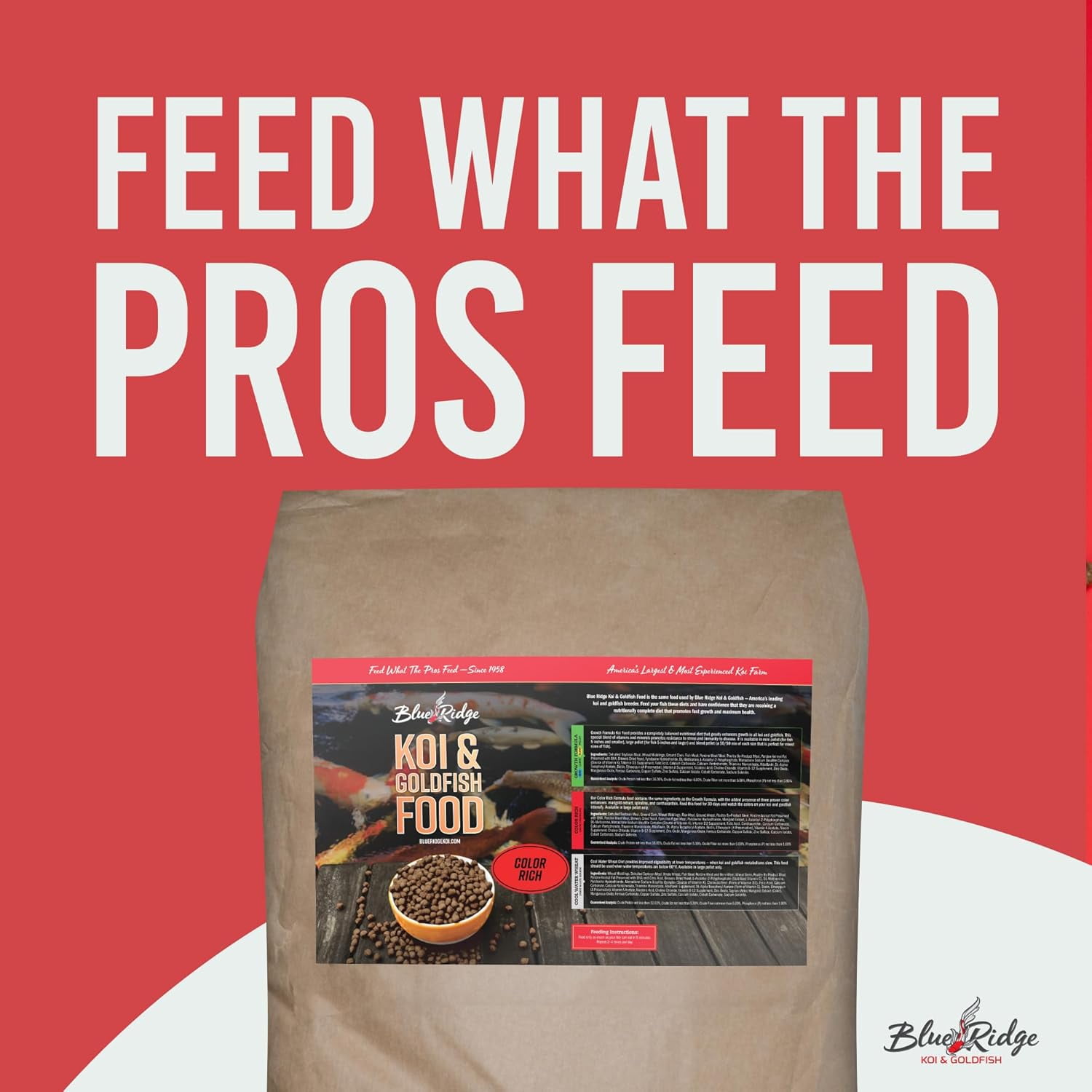 Blue Ridge Koi Fish Food 25lb - Koi Food Color Growth Formula, Goldfish Food, Premium Fish Food for Ponds, Ponds Fish Food, Floating Pond Pellets