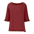 thumbnail image 4 of Odeerbi Womens Cotton Linen Tops 2025 Casual Ruffles Short Sleeve Blouse Trendy Solid Color Round Neck Shirts Red, 4 of 8