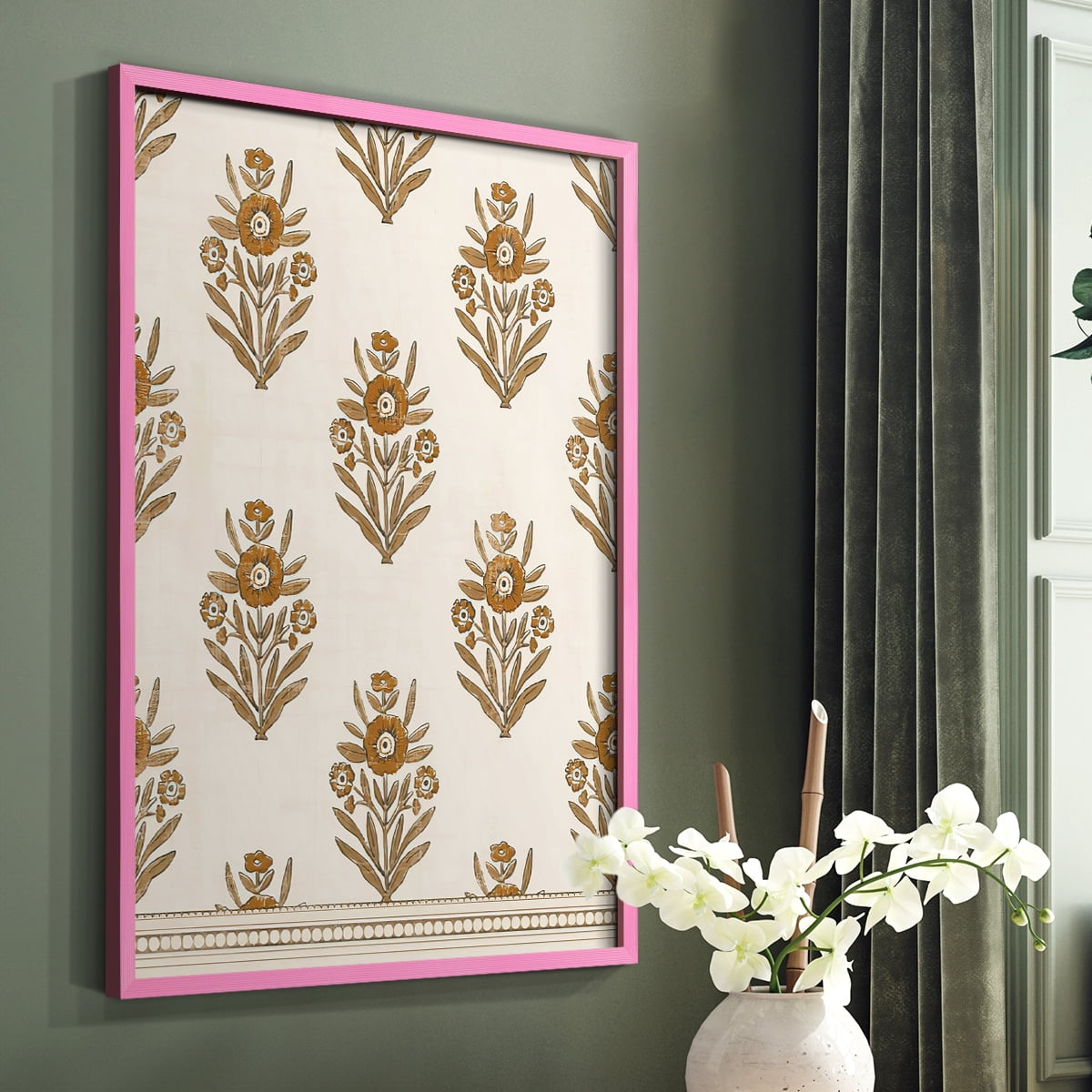 Block Print Blooms II Framed Print in Pink Solid Wood Framed Print No Nail Hanging