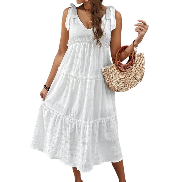 Vestido Midi Bohemio Informal de Verano 2025 para Mujer, con Escote en V, Sin Mangas, con Lazo en los Hombros, Fluido, con y Corte en A. L