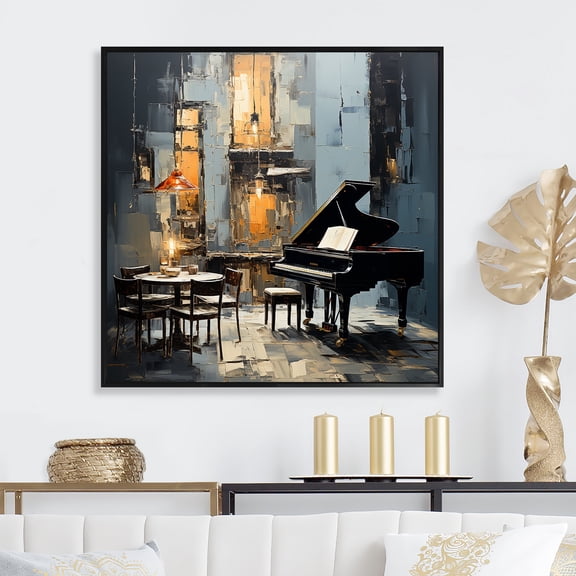 Designart "Grand Piano Jazz Café in Yellow and Grey III" Music Framed Wall Art - Vintage Yellow Music Piano Entryway Framed Wall Art