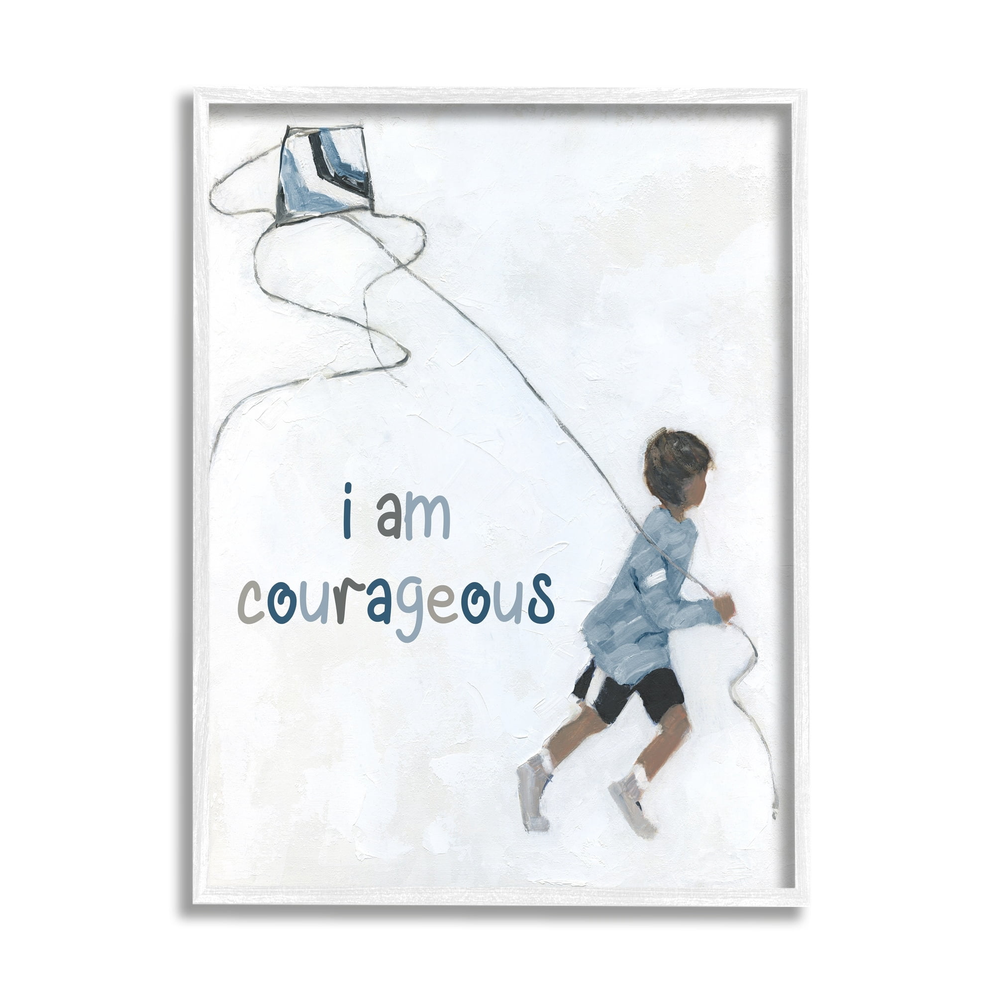 Stupell Industries I Am Courageous Child Flying Kite Uplifting Phrase Graphic Art White Framed Art Print Wall Art, Design by Sally Swatland