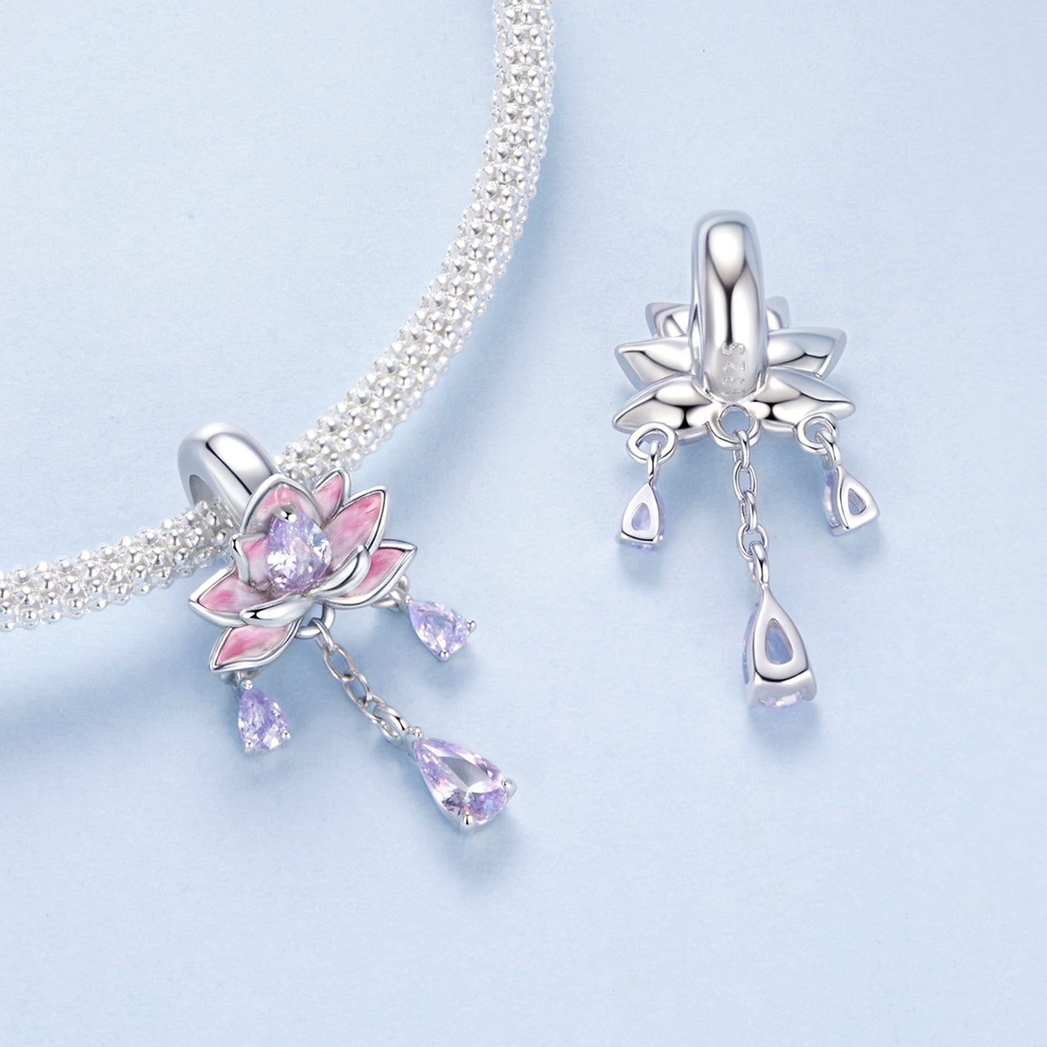 Pink Purple Lotus Tassel Silicone Beads Charm 925 Sterling Silver Charm ,Charm for Bracelets, Gift for Women