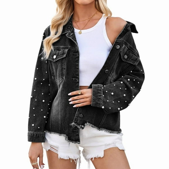 Women Oversized Denim Jacket Beading Jeans Coat