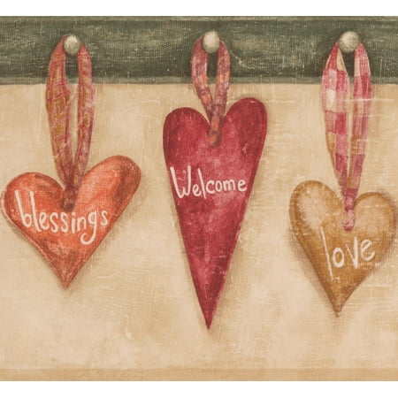 Hearts Welcome Love Friends Blessings Beige Kitchen Wallpaper Border Retro Design, Roll 15' x