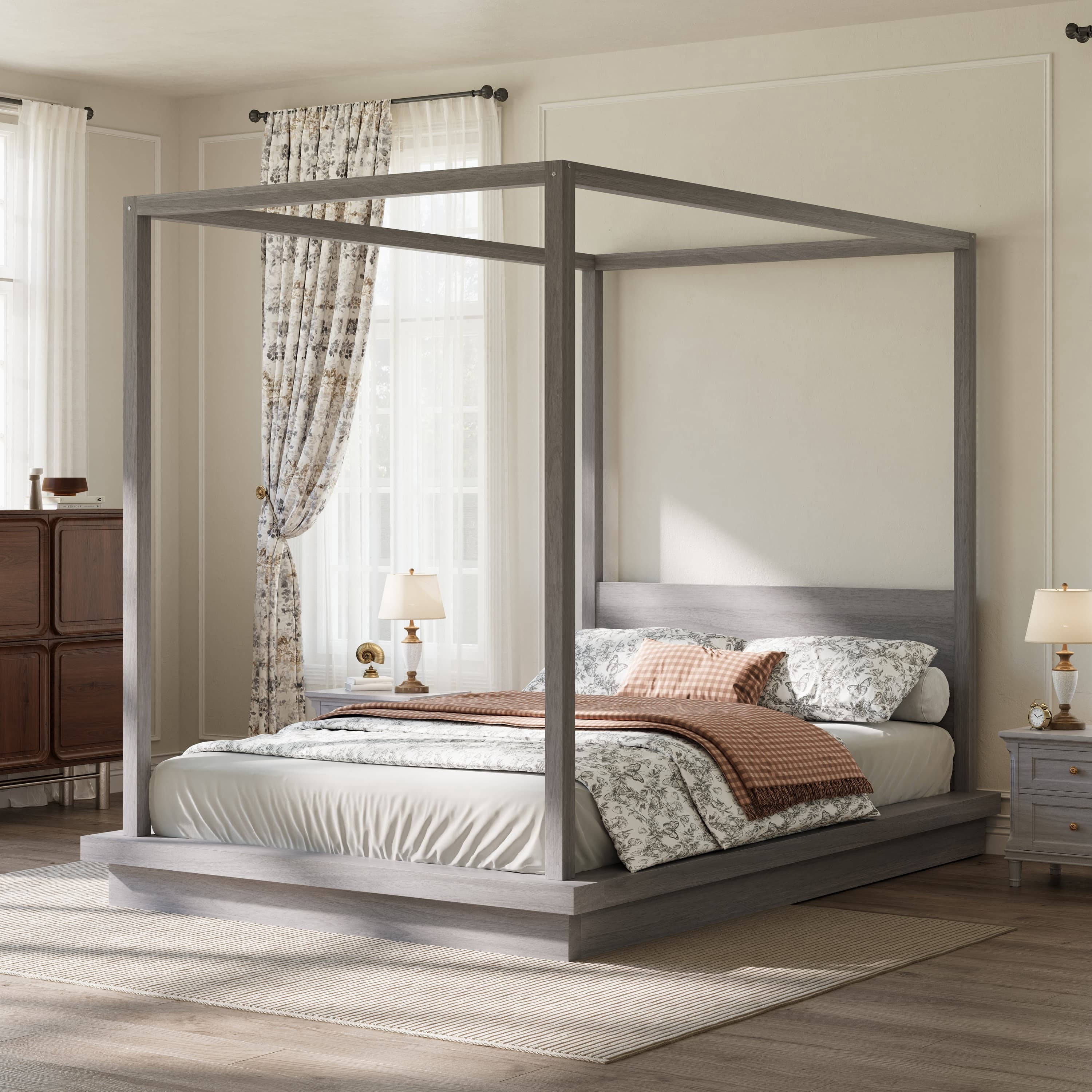 Euroco Wood Queen Size Canopy Bed, Four Poster Platform Bed, No Box Spring Needed, Gray