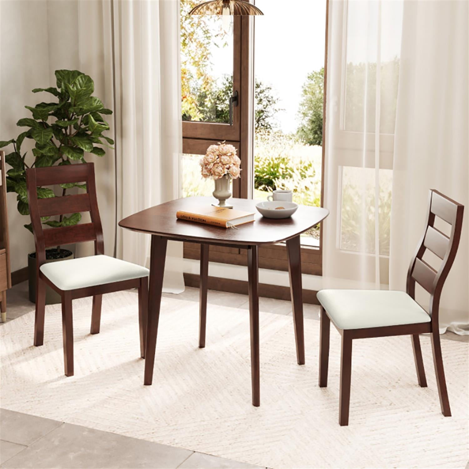 Demi Bonn 3-Piece Dining Table Set with 2 Chairs, 32" Wooden Square Kitchen Table Set, Perfect for Small Space, Brown
